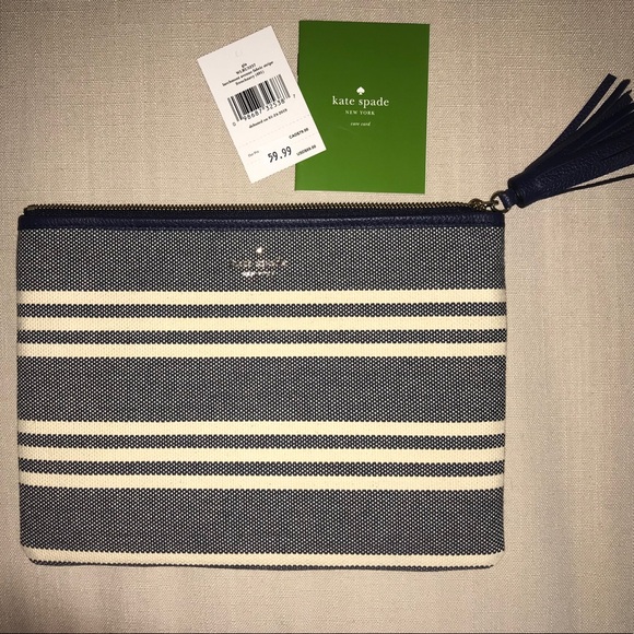Kate ♠️ Spade Larchmont Stripe Navy Gia Clutch - Picture 7 of 8